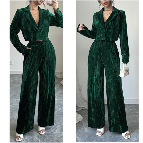 Jackets & Blazers - Luxe Green Velvet Button Cropped Blazer Stretchy Pants Wide Leg Pants Set